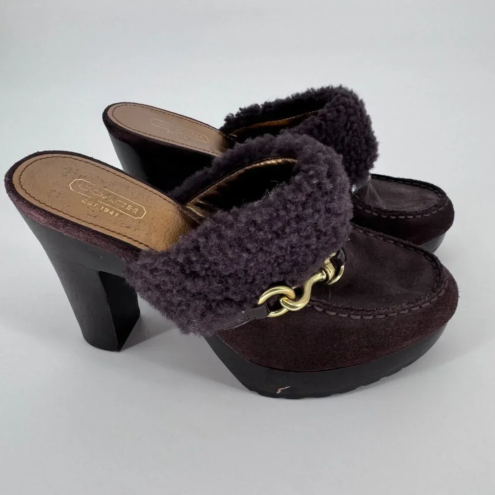 Coach Women’s 7 Brown Suede Shearling Idyle Wooden Heels Clogs Gold Buckle Mules